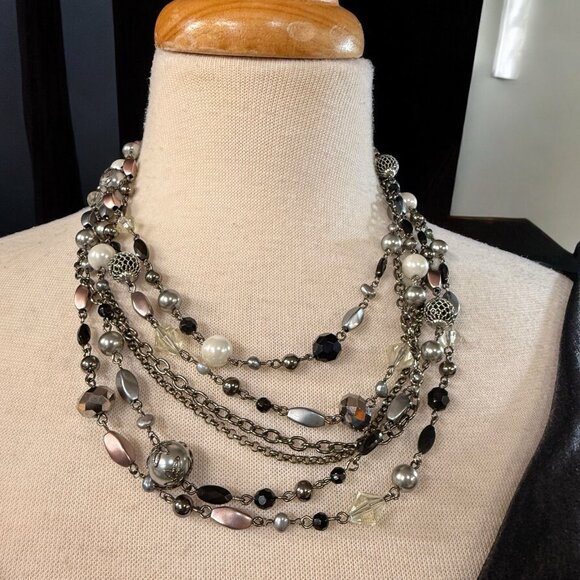 Lia Sophia Multi Strand Statement Necklace – Mixed Beads, Chains, Pearls, Black - Picture 2 of 7